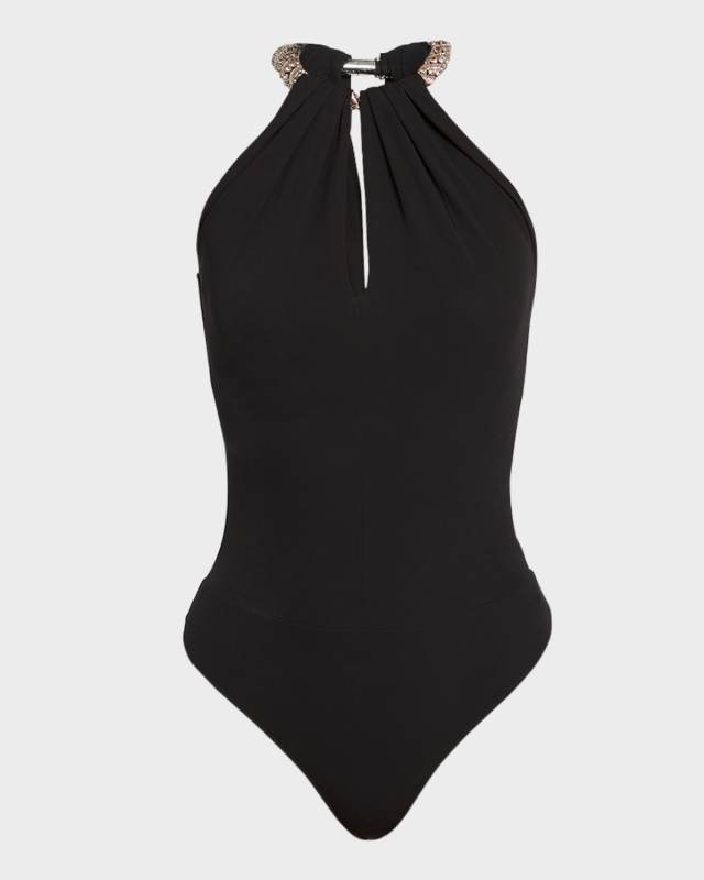 Beaded Halter Jersey Bodysuit